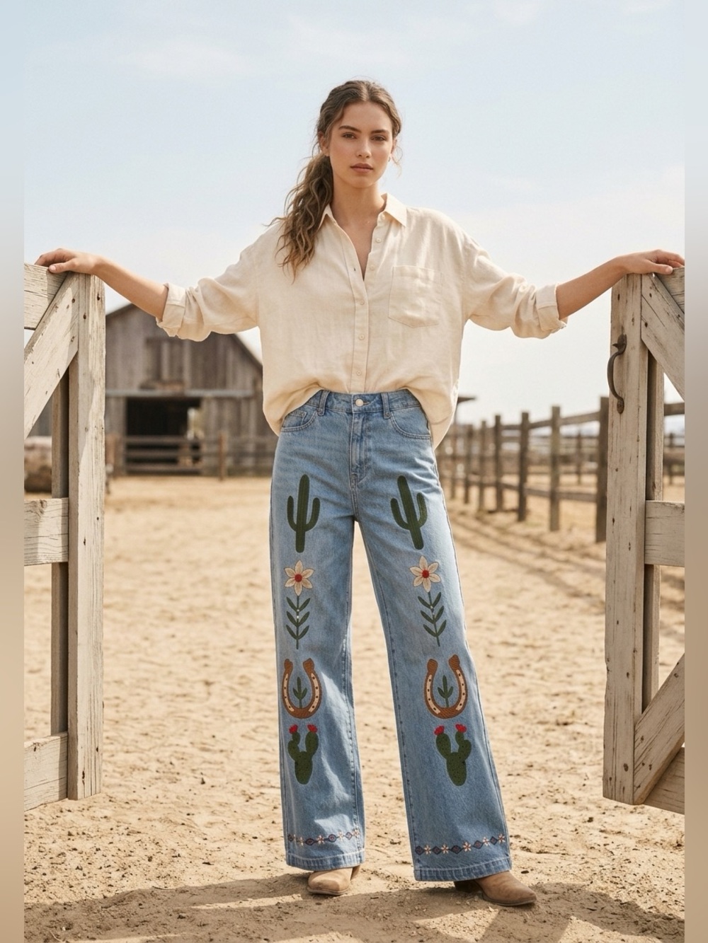 NWT Embroidered Blue Denim Wide-Leg Flare Jeans with Cactus & Horseshoe Motifs